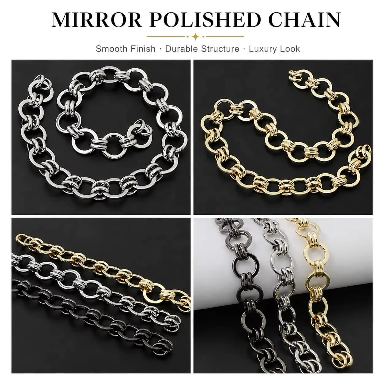 Anti Tarnish Zinc Alloy Bag Chain Round Flat Detachable Gold Vanity Hanging, front view