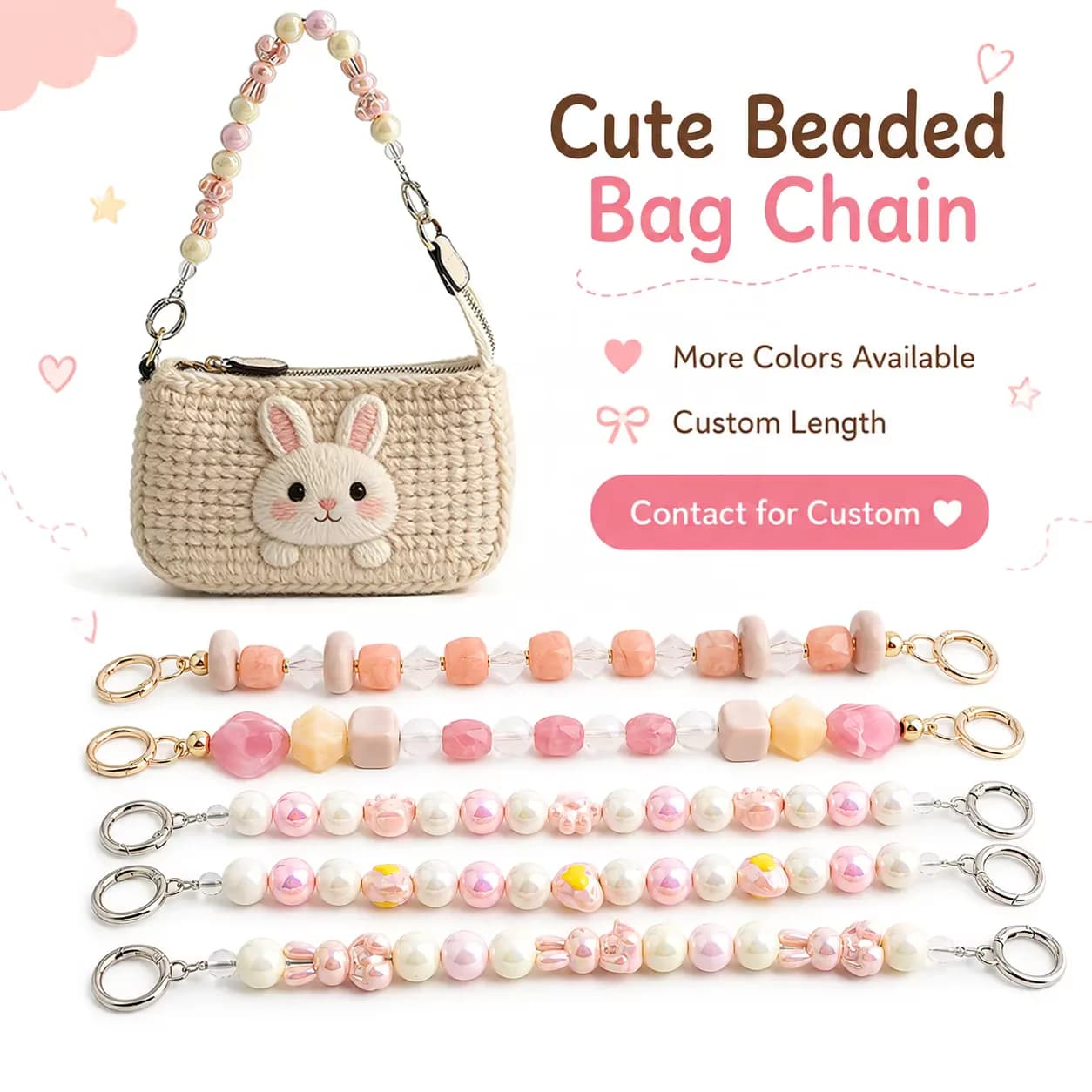 Acrylic Colorful Beaded Kids Chain Pearl Bag Chain Large Charm Designer Shoulder, front view