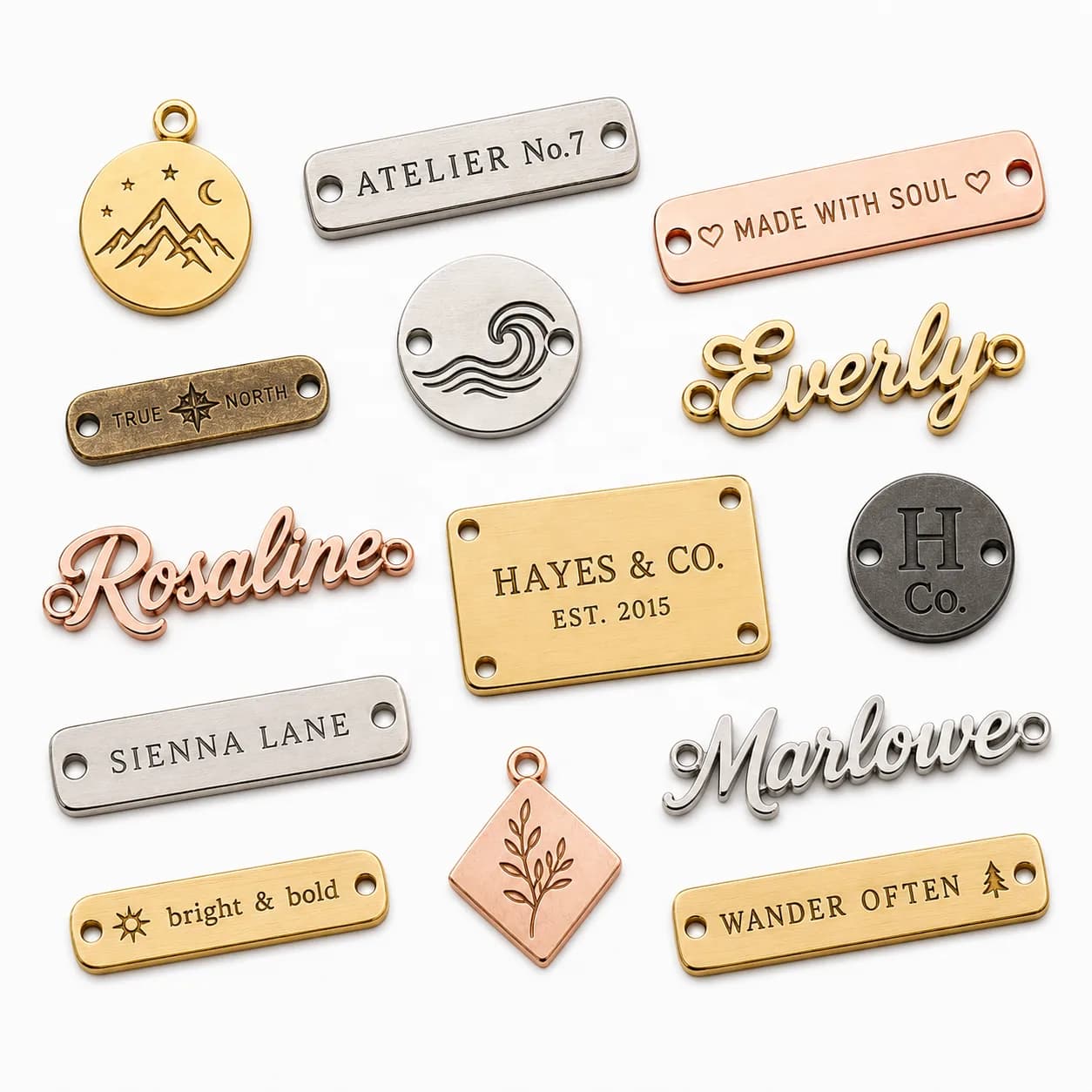 Metal Tag Custom Charm Stainless Steel Logo Charm Designed Label Plate Sew, front view