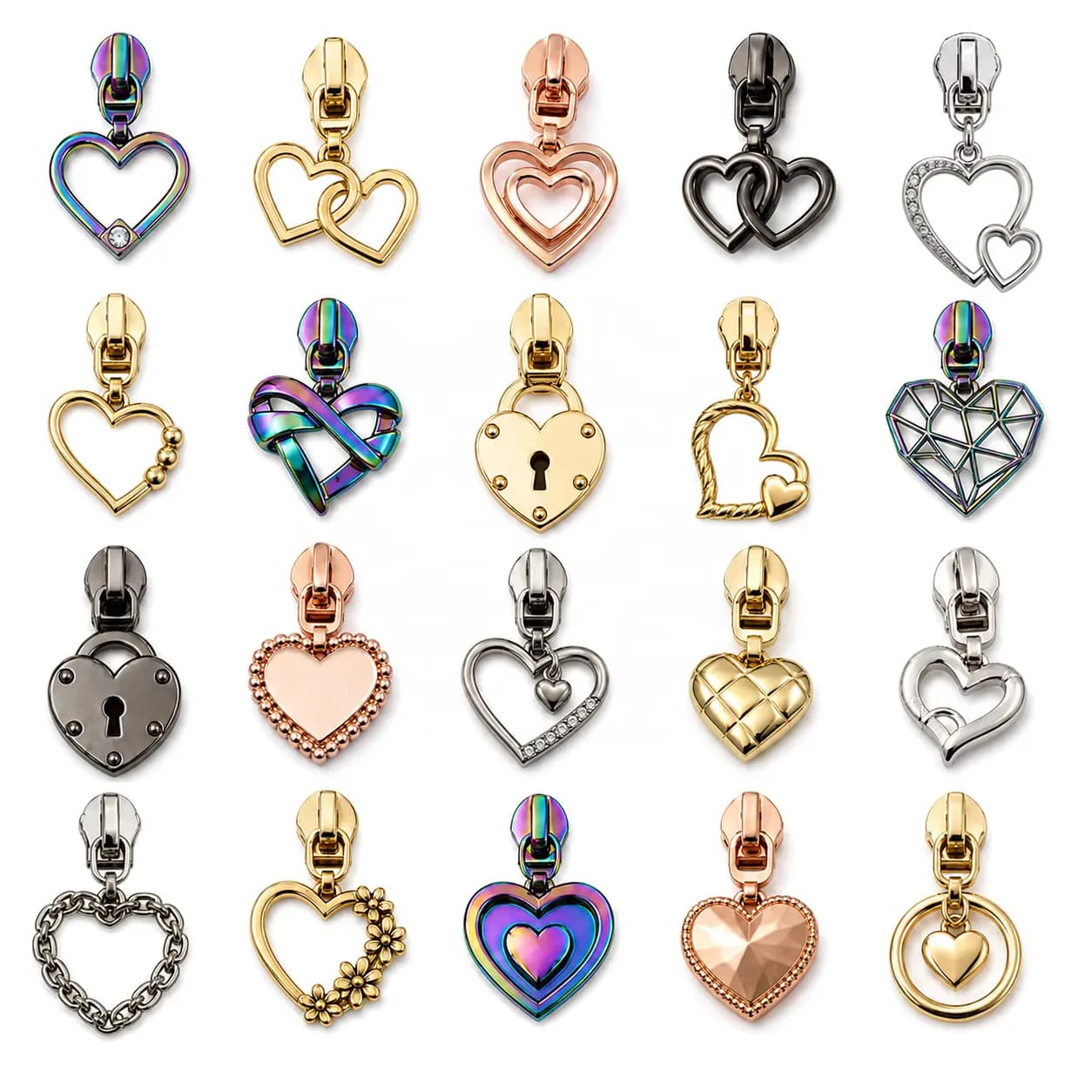 Love Heart Zinc Alloy Eco-Friendly Rose Gold Plated OEM Customizable Zipper, front view
