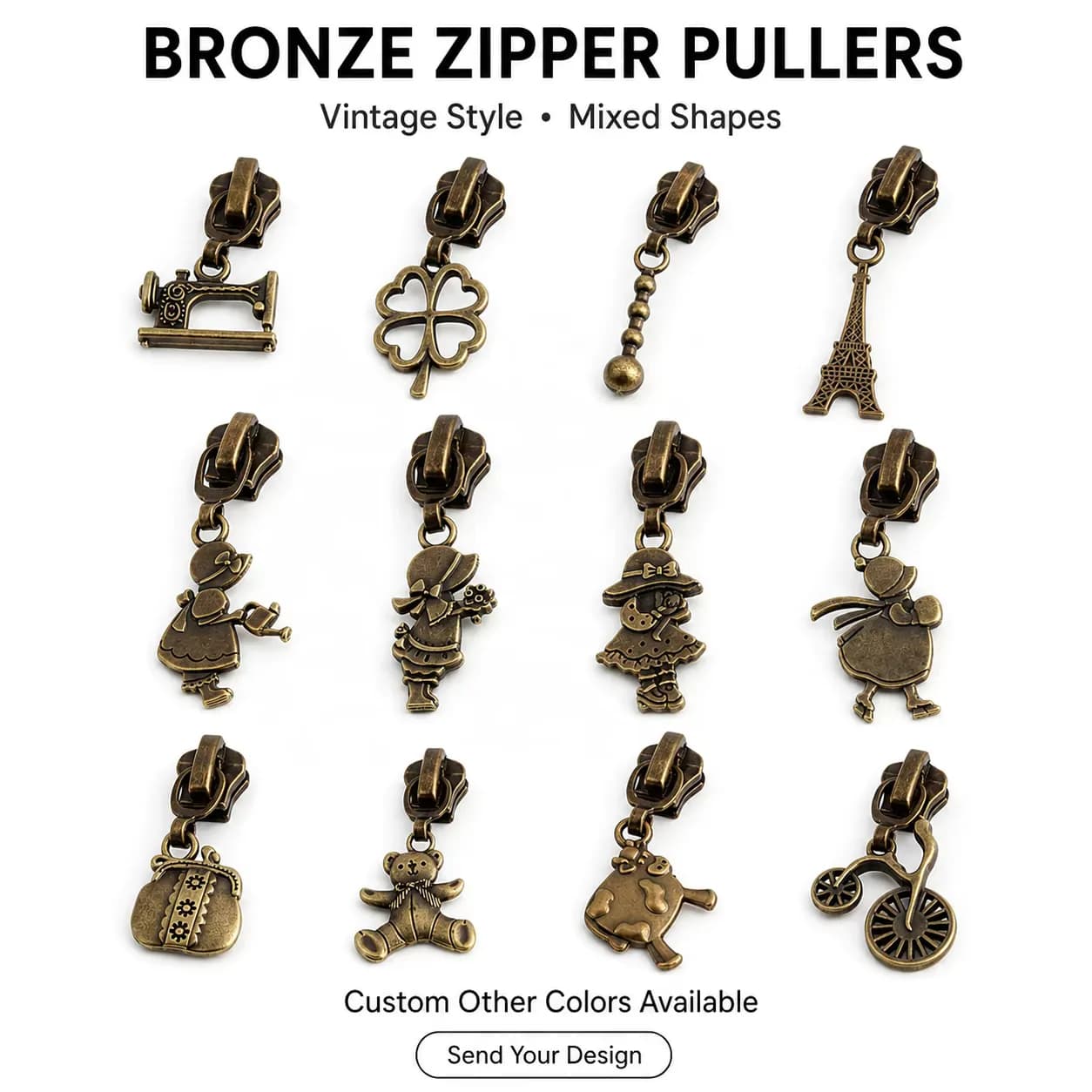 Antique Brass Color Custom Logo Engraved Metal Zipper Puller Zinc Alloy Mirror, front view