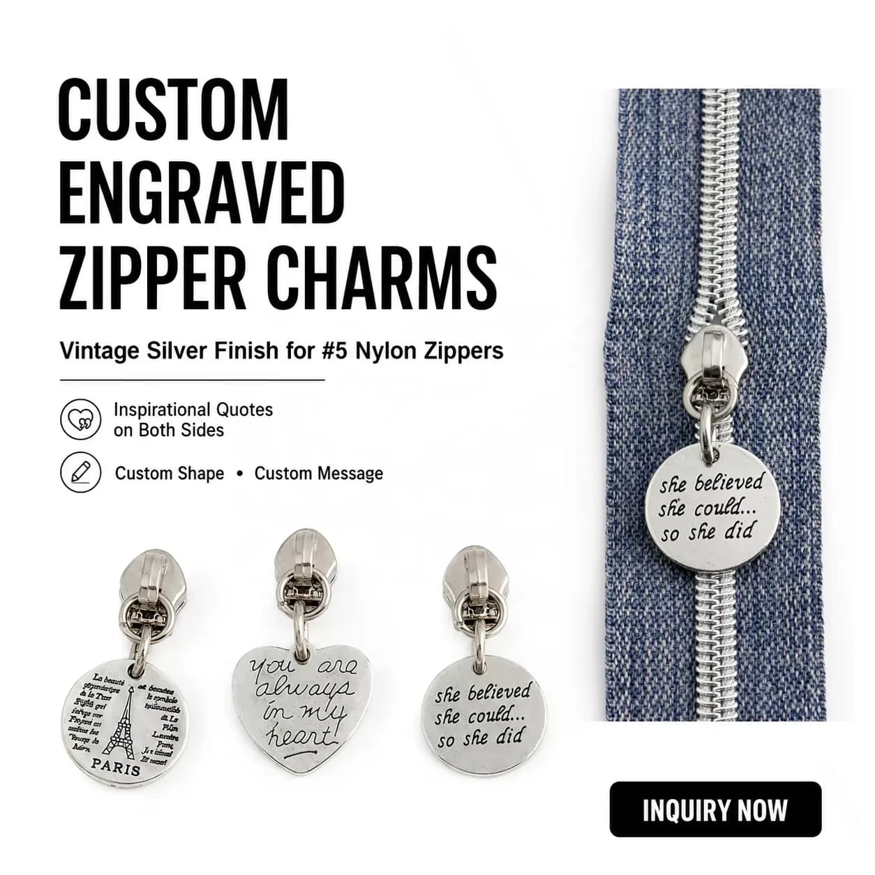 Custom Logo Engraved Inspirational Quote Round Antique Silver Metal Zipper, front view