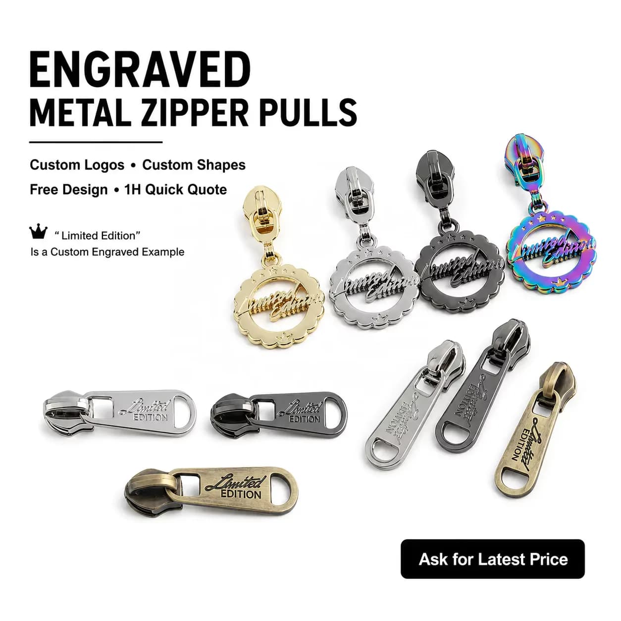 Limited Edition Engraved Custom Metal Zipper Puller Slider Logo Zinc Alloy Charm, front view