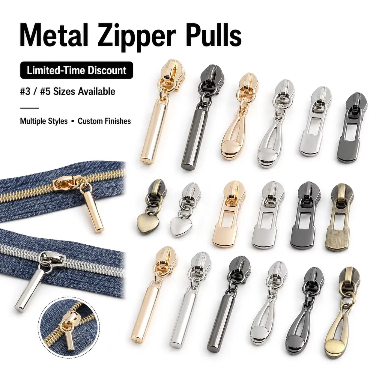 Metal Nylon Zipper Slider Puller Head Alloy Plated Costume Repair Kit Size, front view