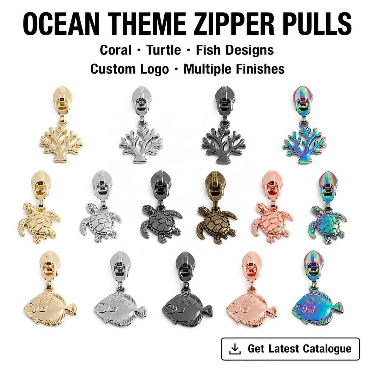 Sea Life Turtles Size #5 Zipper Pulls Decorative Cartoons Logo Novelty Coral, front view