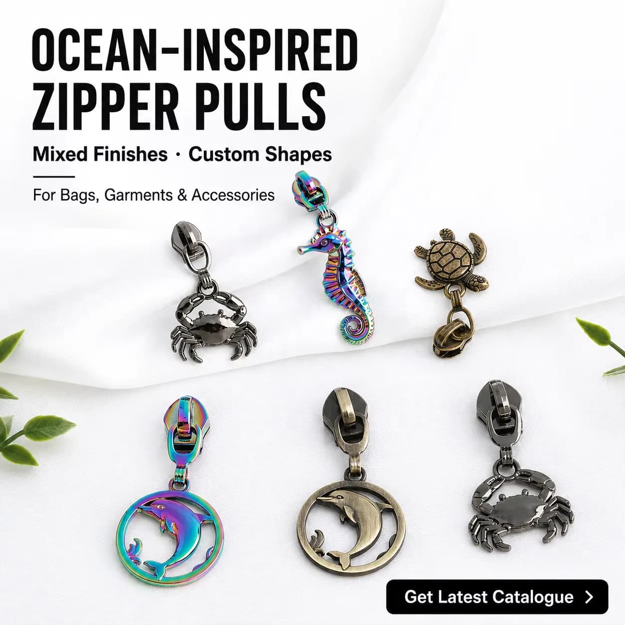 Ocean Sea Life Metal Zipper Pulls Seahorse Sea Animal Turtle Dolphin Fish Zipper, front view