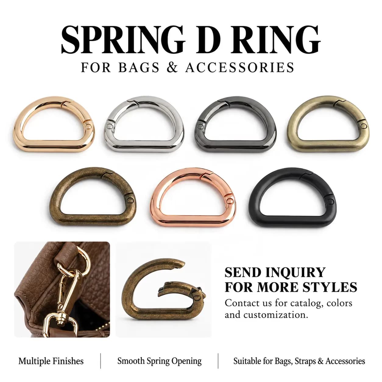 Durable Multi Purpose Semi Circle Spring Hook Buckle Metal D Ring Adjustable, front view