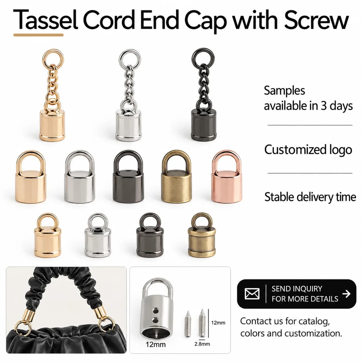 Screw on Metal Cord End Tips Detachable Cylinder Stopper Cap Metal Tassel End, front view