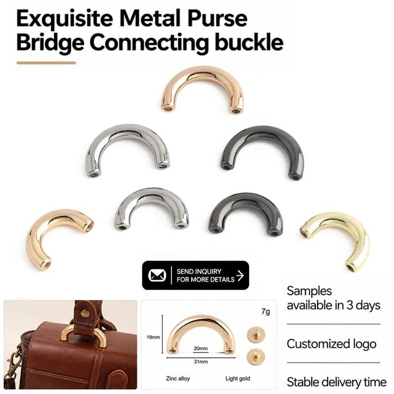 Light Gold Zinc Alloy Semi Circular Arch Bridge Buckles Screw in Side Handbag, front view