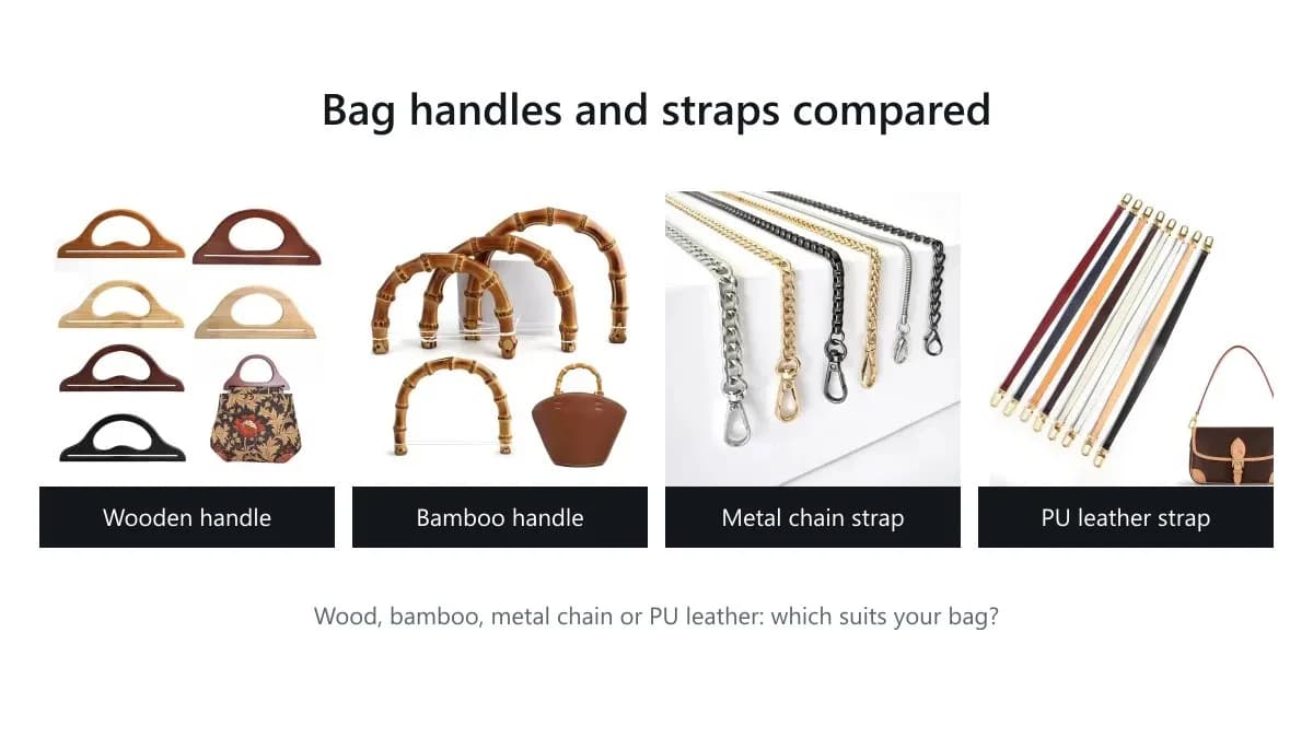 Four types of bag handles and straps side by side: wooden handle, bamboo handle, metal chain strap and PU leather strap