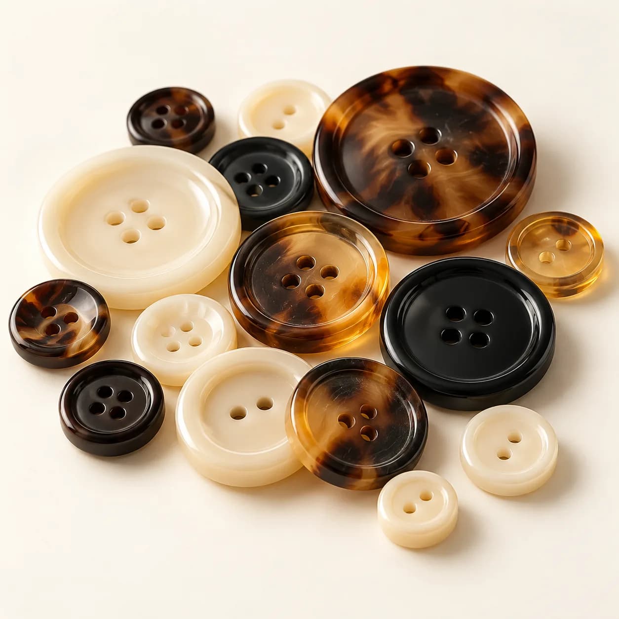 Resin and polyester apparel buttons in cream, black, amber and tortoiseshell colors
