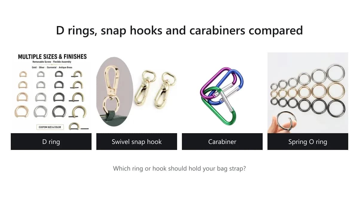 Bag rings and hooks side by side: screw D rings, a swivel snap hook, aluminium carabiners and spring O rings