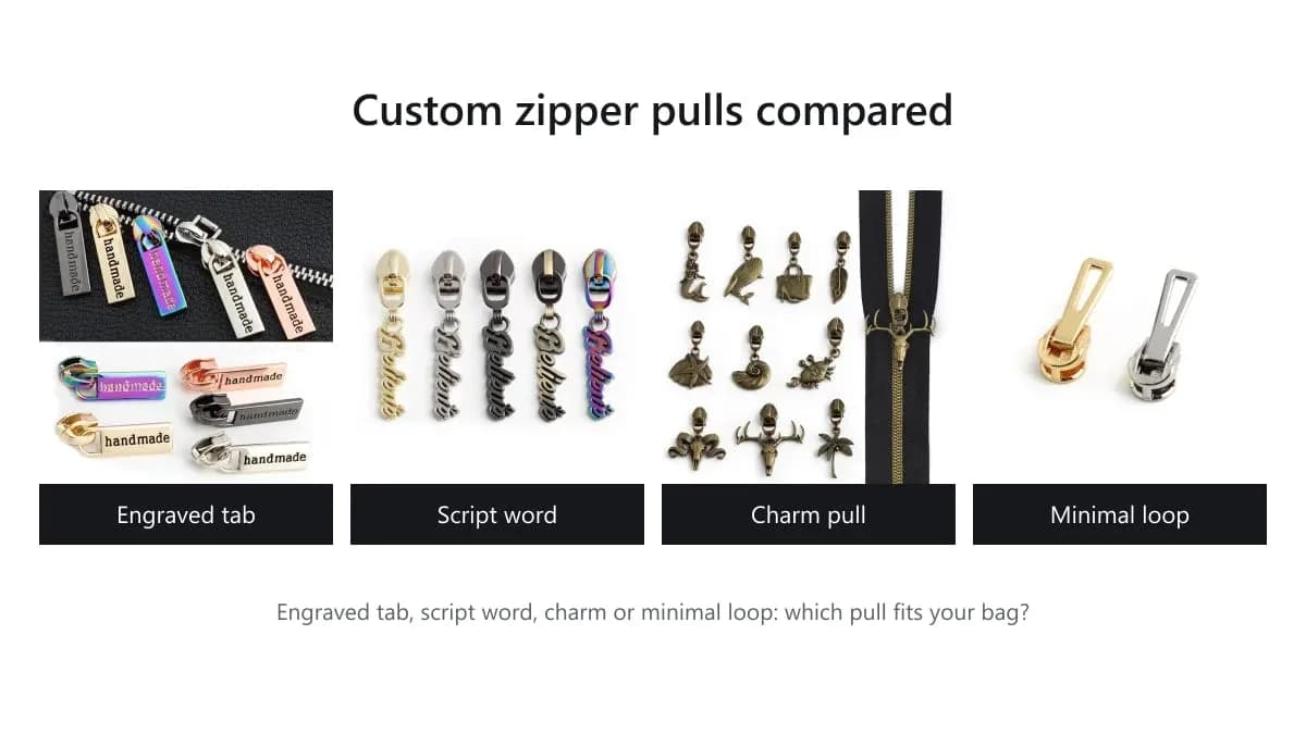 Four custom zipper pull styles: engraved logo tabs, script word pulls, charm pulls and minimal open-loop sliders