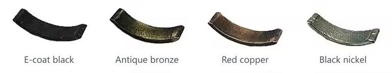 E-coat black, antique bronze, red copper and black nickel plating samples